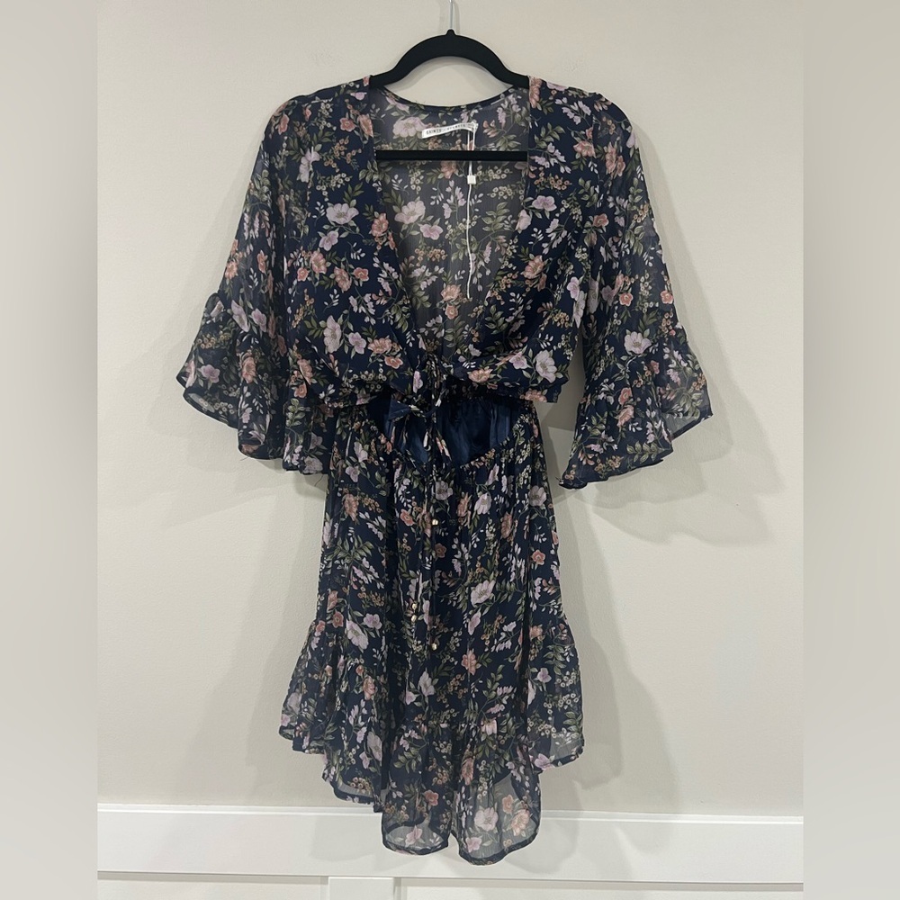 Saints + Secrets Floral Sheer Ruffle Romper XS Navy Pink Green NWOT